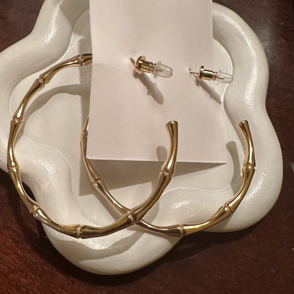 New Arrival Classic Large Bamboo Gold Hoop Earrings - Picture 7 of 7